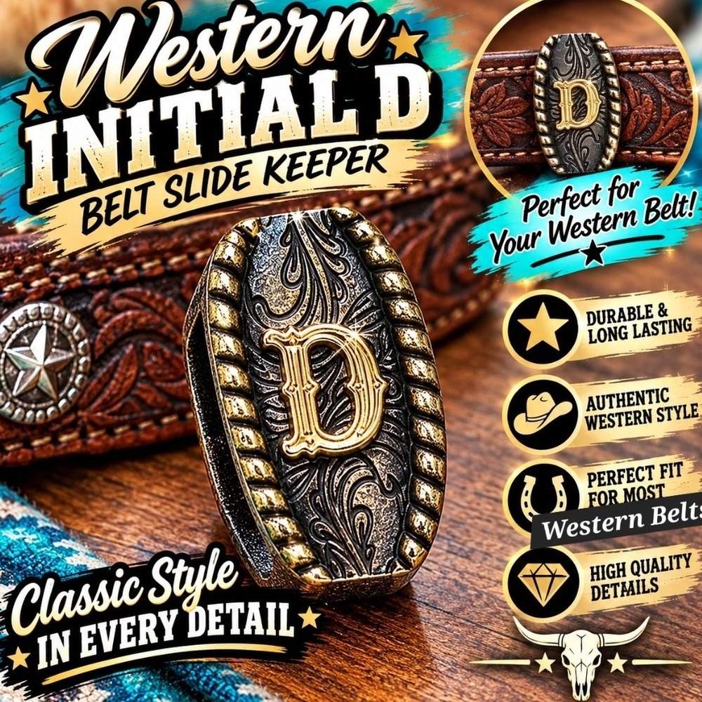 Western Initial D Belt Slide Keeper Two Tone Floral Scroll Rope Edge Oval